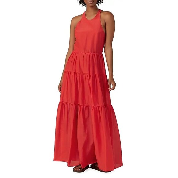 Bird & Knoll Dress Emmaline Silk Cotton Blend Cross Back Tiered Maxi Candy Apple - Picture 2 of 10